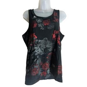 Guess Womens Tank Top Size M Black Red Floral Design Boat Neck Sleeveless